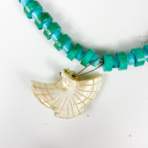 Southwestern Turquoise & Wood Heishi Necklace With Mother Of Pearl Eagle Pendant - Picture 4 of 5